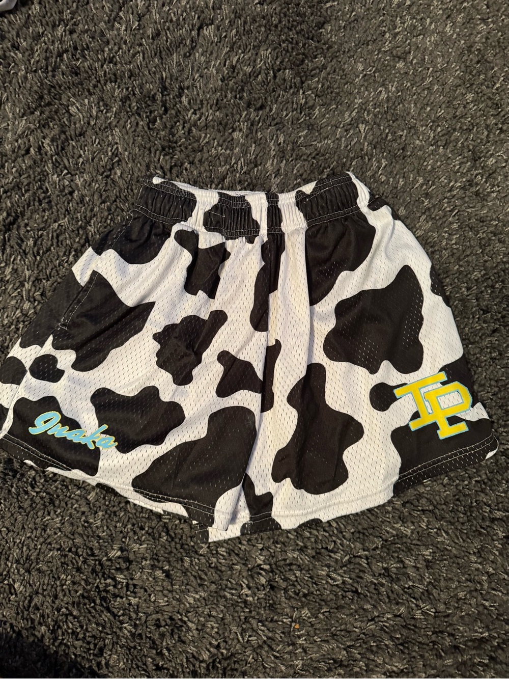 Inaka Mesh Shorts Black & White Cow Print Athletic Shorts with Logo